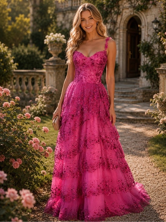 Jovani Dresses & Skirts - NWT Jovani Ballgown in Tiered Fuschia Pink Barbie Sparkle Dreams